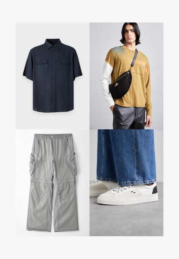 Košulja kratkih rukava s dugmadi u tamnoplavoj tkanini, koja ima dva džepa na prsima, standardni ovratnik i opušteni kroj s ravnim rubom.; Svijetlosivi, prozračni hlače s elastičnim pojasom, bočnim džepovima i kontrastnim sivim rubovima uz šavne linije. Dizajn opuštenog kroja.; Bijele i crne tenisice s glatkim kožnim gornjištem, teksturiranim detaljima i debelim bijelim potplatom. Imaju klasičan dizajn vezanja.; Vivienne Westwood CITY BUMBAG UNISEX - Pojasna torbica - black