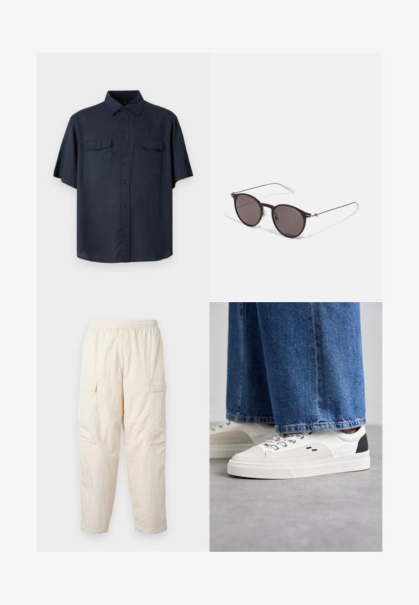 Lyhythihainen nappipaita tummansinisestä kankaasta, jossa on kaksi rintataskua, normaali kaulus ja rento istuvuus suoran helman kanssa.; Beige cargo-housut, joissa on joustava vyötärö, kahdella sivutaskulla ja pehmeä, kevyt kangas. Ryppyinen pinta.; Valkoiset ja mustat tennarit, joissa on sileä nahkapäällinen, tekstuuriakcentit ja paksu valkoinen pohja. Varustettu klassisella nauhakiinnityksellä.; Musta pyöreä aurinkolasit tummilla linsseillä ja kapeilla metallikehyksillä. Sisältää kirkkaat temppelet ja hopeiset yksityiskohdat saranassa. Minimalistinen muotoilu.