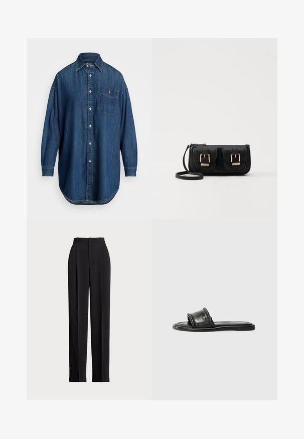 Zils džinsa krekls ar pogām, garām piedurknēm, priekšējo kabatu un kontrastējošu logotipu. Iezīmē klasisku apkaklīti un noapaļotu apakšmalu.; Melnas piegriezuma bikses ar augstu jostasvietu, priekšā ar krokām, taisna kāju dizains un ar aprocēm. Izgatavotas no gludas auduma.; Melnas ādas sandalītes ar austiem siksnu elementiem, plakana zole un elegants dizains. Gluda tekstūra un minimālistisks profils.; Melnas ādas crossbody soma ar divām priekšējām kabatām, zelta sprādzēm, ar rāvējslēdzēju aizdari un šauru siksnu. Strukturēta virsma un kompakta taisnstūra forma.