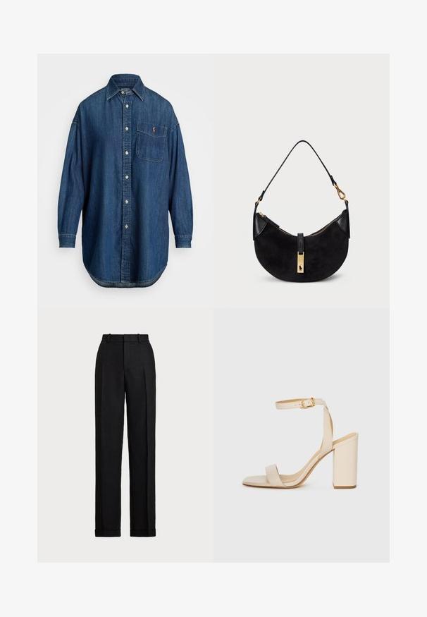 Cămașă din denim albastru cu nasturi și mâneci lungi, dotată cu un buzunar frontal și un logo contrastant. Prezintă o culoare clasică și o margine rotunjită.; Pantaloni negri, cu talie înaltă, din in. Au un croi drept, pliuri presate și tiv cu mansete. Fără buzunare sau închideri vizibile.; Sandalie bej cu toc înalt, cu vârf pătrat, curea subțire în jurul gleznei și toc bloc. Textură de piele netedă cu detalii din cataramă aurie.; Geantă neagră cu o formă curbată, realizată din suede și piele, având un fermoar de culoare aurie și un detaliu cu logo. Include o mână scurtă.