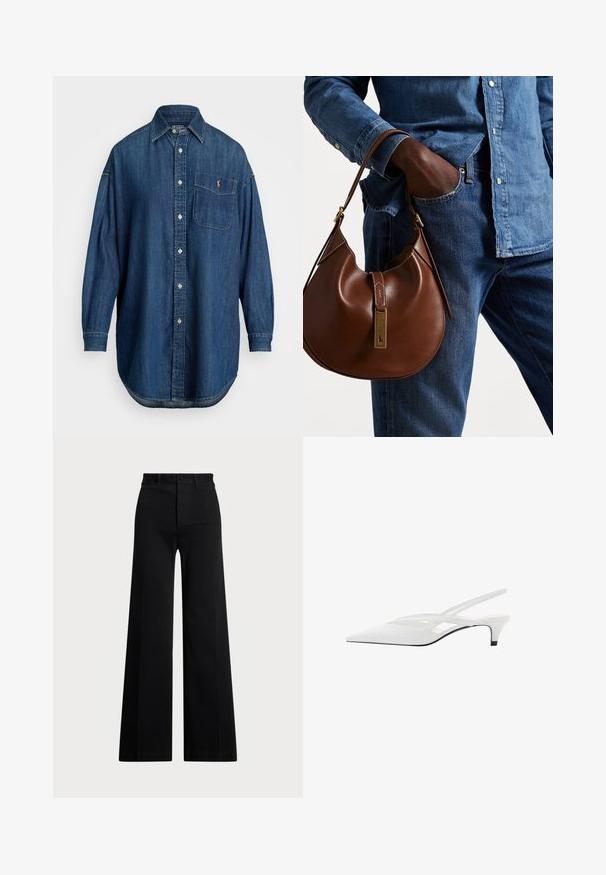 Cămașă din denim albastru cu nasturi și mâneci lungi, dotată cu un buzunar frontal și un logo contrastant. Prezintă o culoare clasică și o margine rotunjită.; Pantaloni negri cu picioare largi, confecționați dintr-o țesătură, având talie înaltă, închidere cu buton în față și buzunare laterale. Textură netedă cu linii curate.; Sandale albe cu toc slingback și vârf ascuțit, având un upper neted, decupaje subtile și un toc bloc mic. Talpa neagră accentuează designul.; Geantă hobo din piele maro, cu o formă rotunjită, având un accent din hardware aurie și cusături în contrast. Asortată cu o cămașă din denim și blugi.