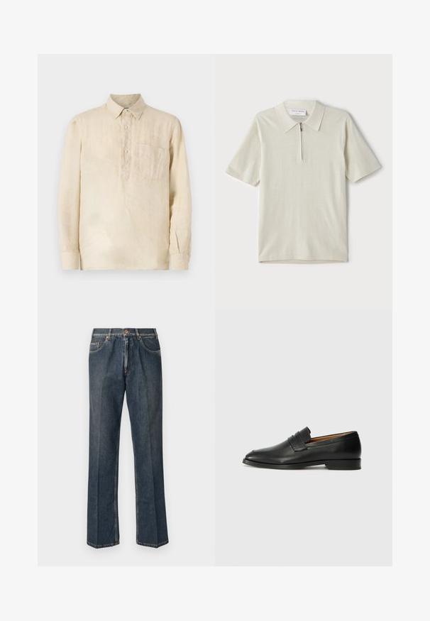 Beige linne skjorte med lange ermer, knap-ned krave, frontlomme og en løs pasform. Det strukturerte stoffet tilføyer subtil visuel interesse.; Kortermet polo skjorte i lys beige med glidelås i kragen. Laget av glatt stoff, har et enkelt, moderne design uten mønstre.; Mørkeblå jeans med rett ben, frontknapp, glidelås, doble frontlommer og synlige vertikale folder nedover beina.; Svart skinnloafer med rund tå, subtilt sydd detaljering og lav hæl, med en glatt tekstur og minimalistisk design.
