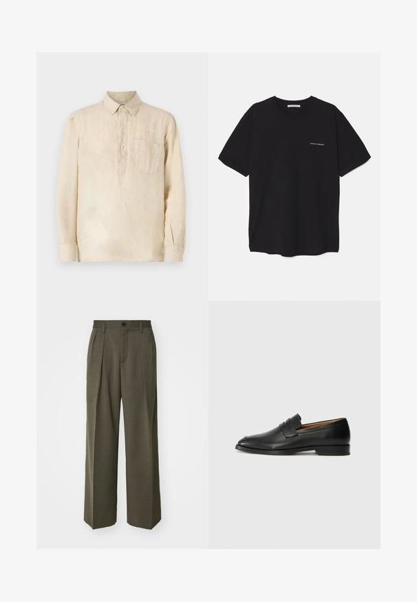 Beige linnen overhemd met lange mouwen, een button-down kraag, een borstzak en een ontspannen pasvorm. De gestructureerde stof voegt subtiele visuele interesse toe.; Zwarte katoenen T-shirt met een ronde hals, korte mouwen en een witte logo-print op de linkerkant van de borst. Eenvoudig, effen kleur ontwerp.; Filippa K WIDE TROUSERS - Broek - driftwood; Zwarte leren instapper met een ronde neus, subtiele stikdetails en een lage hak, met een gladde textuur en een minimalistisch ontwerp.