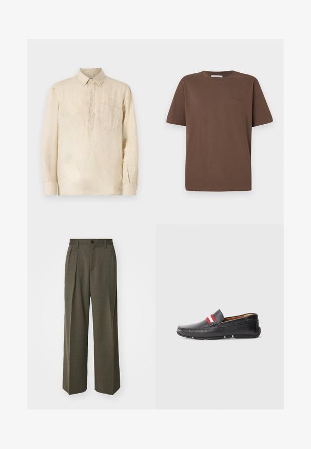 Beige linnen overhemd met lange mouwen, een button-down kraag, een borstzak en een ontspannen pasvorm. De gestructureerde stof voegt subtiele visuele interesse toe.; Bruine katoenen t-shirt met ronde hals, korte mouwen en een klein logo op de voorkant gedrukt. Vlakke stofstructuur, casual fit.; Filippa K WIDE TROUSERS - Broek - driftwood; Zwarte leren instapschoen met een gestructureerd oppervlak, rode en witte gestreepte accenten op de bovenkant, ronde neus en rubberen zool.