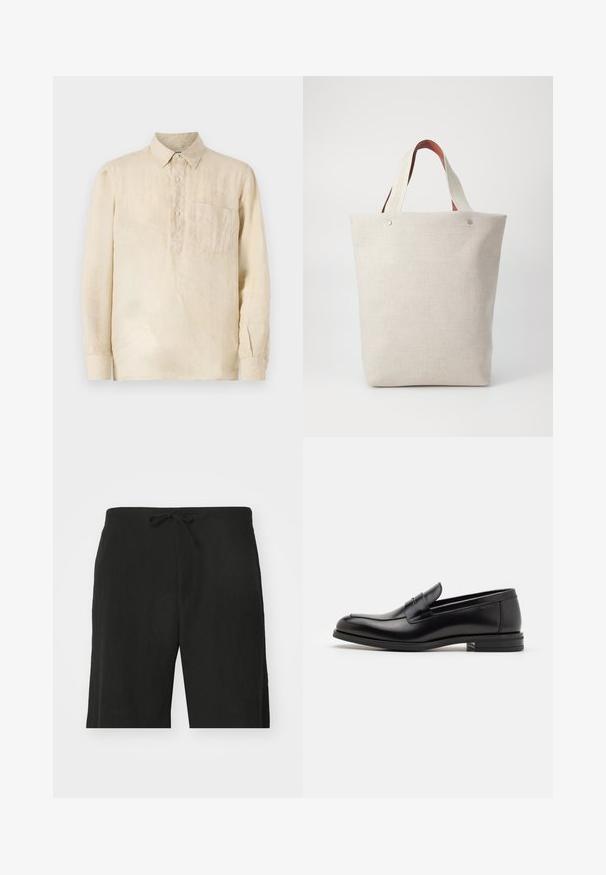 Bézs vászon, hosszú ujjú ing, gombos gallérral, elülső zsebbel és laza fazonnal. A texturált anyag diszkrét vizuális érdekességet kölcsönöz.; Fekete lenvászon rövidnadrág, húzózsinórral a deréknál, laza szabású és térd alatt végződő kialakítással. Simaság, egyszerű és klasszikus stílus.; Fekete bőr loaferek sima textúrával, kerek orral és dekoratív pánttal a vampnál. Alacsony, rétegelt sarkú, minimalista dizájn.; Világos bézs szövetből készült tote táska textúrázott felülettel, két kontrasztos barna bőrkarral és fém kiegészítőkkel a tetején.