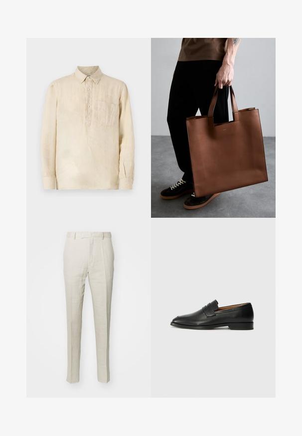Camicia beige di lino a maniche lunghe con colletto button-down, tasca frontale e vestibilità rilassata. Il tessuto testurizzato aggiunge un sottile interesse visivo.; Tiger of Sweden TENUTA - Pantaloni - cream sand; Mocassino in pelle nera con punta arrotondata, dettagli cuciti sottili e tacco basso, caratterizzato da una texture liscia e un design minimalista.; Borsa tote in pelle marrone con design minimalista, forma rettangolare e manici corti. Presenta un logo discreto sul davanti.