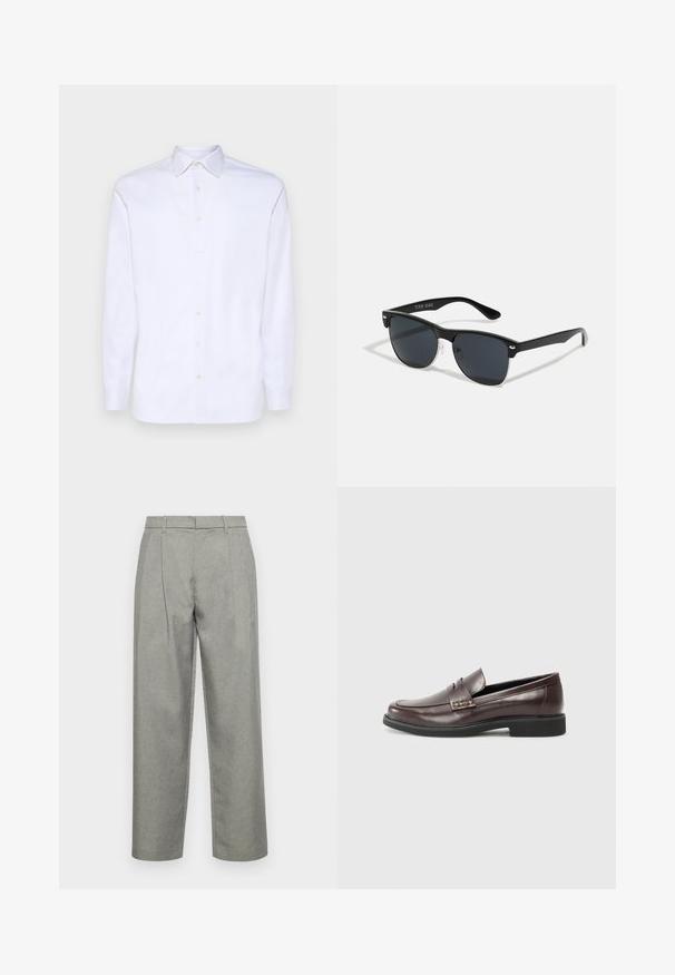 Biela dlhá košeľa na gombíky s hladkou bavlnou, s špicatým golierom a šiestimi prednými gombíkmi, s klasickými manžetami.; Sivé upravené nohavice z textúrovanej tkaniny, so strihom s rovnými nohavicami, prednými záhybmi a štandardným pásom s pútkami na opasok.; Hnedé kožené mokasíny s hladkým povrchom, so subtilným prešitím na hornom diele a čiernou gumovou podrážkou.; Čierne slnečné okuliare s obdĺžnikovým tvarom, tmavými sklami, striebornými akcentmi na bočných okrajoch a matným povrchom rámu.