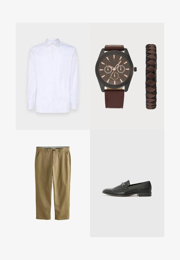 Camicia bianca a maniche lunghe con bottoni, realizzata in cotone liscio, con colletto a punta e sei bottoni frontali, dotata di polsini standard.; Chino color khaki realizzati in cotone misto, dotati di due tasche laterali, chiusura con bottone, gambe dritte e una texture liscia.; Mocassino in pelle nera con finitura liscia, caratterizzato da un design cucito e da un accento decorativo in catena metallica sul vamp. Tacco piatto.; Pier One SET - Orologio - black/brown