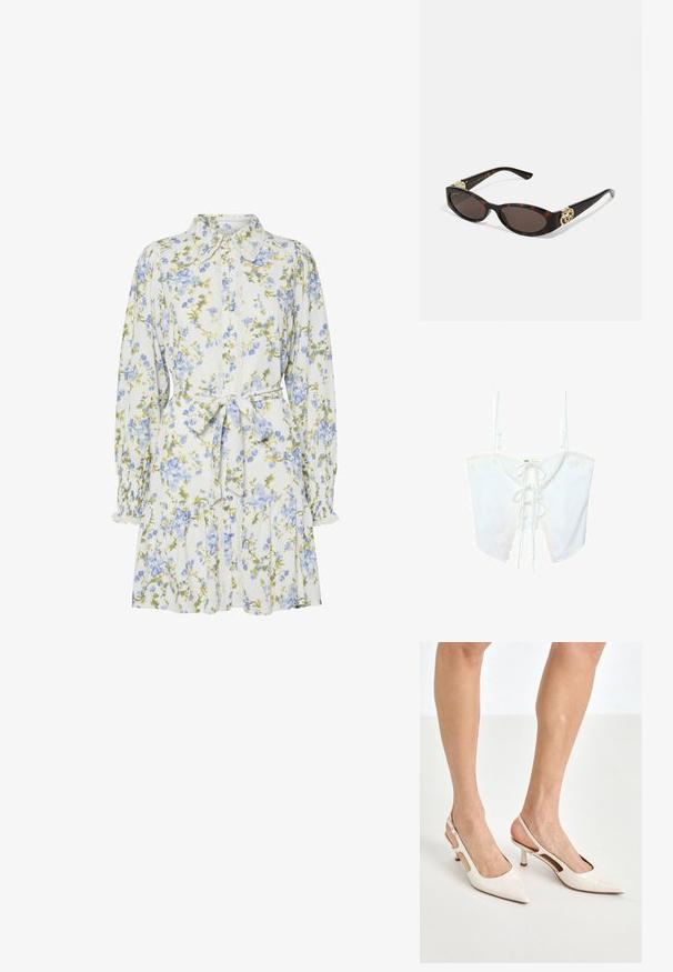 Stradivarius WITH TIES - Top - white; Vestito floreale bianco con fiori blu e verdi, caratterizzato da un colletto, apertura frontale con bottoni, maniche lunghe con polsini elastici e una cintura in vita.; Tacchi slingback in pelle lucida beige con punta affusolata e tacco di 5 cm, caratterizzati da lati traforati e una sottile fascia alla caviglia.; Occhiali da sole tartarugati con lenti ovali allungate, tonalità marrone, accenti dorati con logo sulle tempie e aste nere eleganti.; Borsa a tracolla beige con un motivo stampato, forma curvata, dettagli in pelle e un logo dorato sul davanti. Presenta una maniglia corta per un facile trasporto.; Collana di perle e cristalli con un design rotondo a perline in tonalità tenui, caratterizzata da perle alternate e accenti scintillanti, indossata attorno al collo.