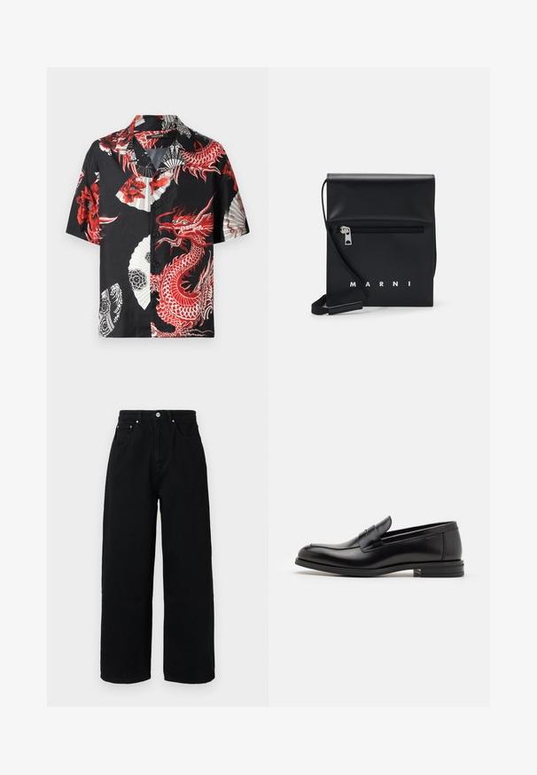 Trumpas rankovėmis juodas marškinys su raudonu drakonu ir gėlių raštais, baltais vėjo malūnėlių motyvais ir mygtukų užsegimu. Pagamintas iš sklandžios medžiagos.; Juodos plačios kelnės iš medvilnės su aukštu liemeniu, priekinėmis kišenėmis, sidabriniu mygtuku ir švariu apdailos kraštu.; Juodos odinės loafers, turinčios lygų paviršių, apvalią noselę ir dekoratyvinę juostą per priekinę dalį. Žemas krentantis kulnas, minimalistinis dizainas.; Juodas odinis per petį nešiojamas krepšys su užtrauktuku ant priekio, iškilminiu logotipu ir reguliuojama juosta. Lygi tekstūra su struktūrizuota forma.