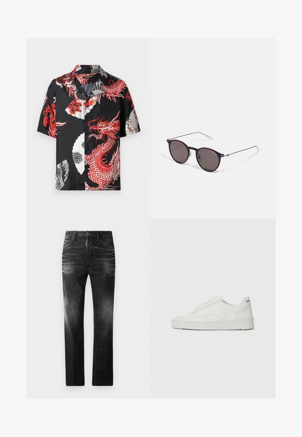 Rövid ujjú fekete ing, vörös sárkány és virágmintákkal, fehér legyező mintákkal, és gombos elülső résszel. Sima anyagból készült.; Fekete farmernadrág egyenes szabással. Fakadó területek, kisebb kopások, klasszikus öt zsebes kialakítás és gombos zárás jellemzi.; Fehér bőr sportcipő sima felülettel, kerek orral, lapos fűzőkkel és texturált talppal. Finom logó található a sarokon.; Fekete kerek napszemüveg sötét lencsékkel és karcsú fém szárakkal. Átlátszó szárvégeket és ezüst részleteket tartalmaz az ívnél. Minimalista dizájn.
