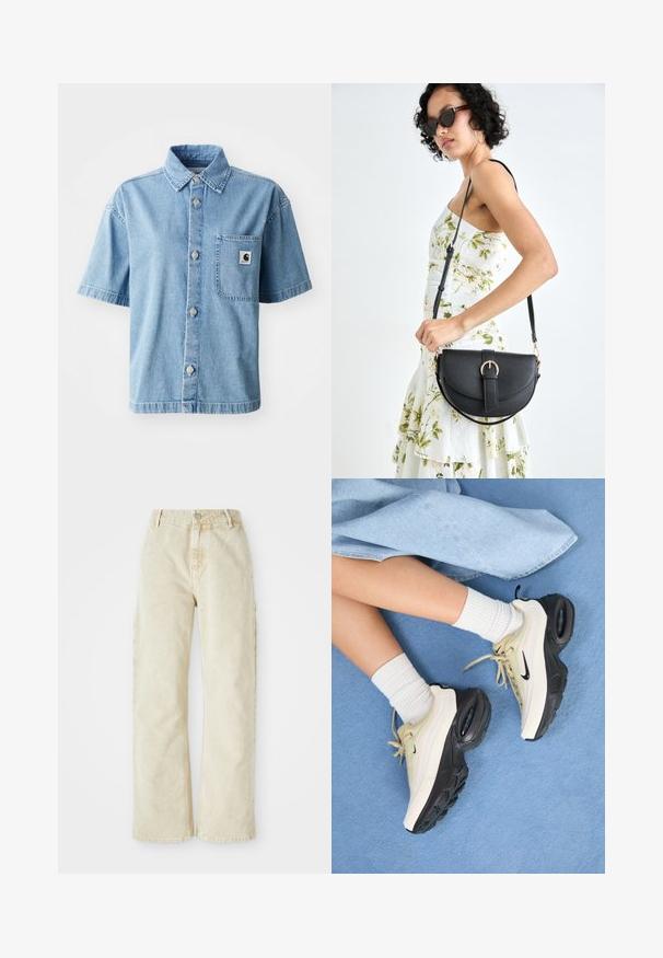 Short-sleeve denim shirt in light blue, featuring a button-up front, pointed collar, single chest pocket, and metal buttons.; Beige wide-leg denim pants with a high waist, featuring a front button and zip closure, belt loops, and side pockets. Soft texture.; Nike Air Max sneakers feature a beige and black design, with a smooth upper, visible air cushioning, and flat rubber soles.; Black leather handbag with a curved shape, detachable strap, and gold hardware. The bag features a flap with a buckle detail.