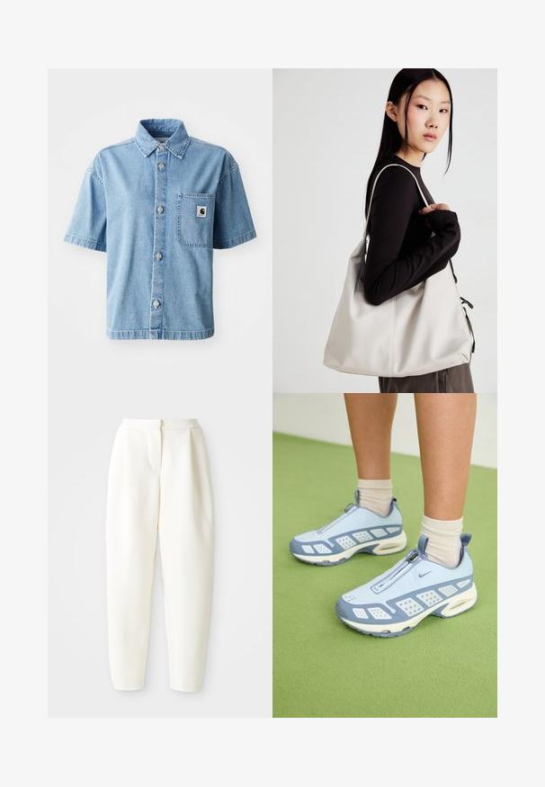 Korte mouw denim overhemd in lichtblauw, met een knoopsluiting aan de voorkant, puntige kraag, enkel borstzakje en metalen knopen.; Hoog-waisted witte tapered broek met een verborgen sluiting aan de voorkant en zijzakken, weergegeven tegen een effen witte achtergrond.; Lichtblauwe sportieve schoenen met witte accenten, textuurpanelen en een ritsluiting. Voorzien van een zichtbare luchtkussenzool en een rubberen buitenzool.; Beige handtas gemaakt van zacht materiaal, met een slonzig ontwerp, gestikte details en twee schouderbanden. Geschikt voor dagelijks gebruik.