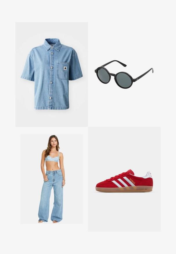 Camicia di jeans a maniche corte in azzurro chiaro, con chiusura a bottoni frontale, colletto a punta, taschino sul petto e bottoni in metallo.; Bralette blu chiaro con motivo floreale abbinato a jeans in denim blu chiaro a gamba larga. Vestibilità comoda con un profilo rilassato e chiusura a bottoni classica.; Sneaker in suede rosso con design a tre strisce bianche e testo "Gazelle" in oro. Presenta una suola in gomma color cuoio e un tallone testurizzato.; Occhiali da sole rotondi con montatura in plastica nera e lenti grigio scuro. Presentano bracci sottili e dritti con accenti minimalisti.