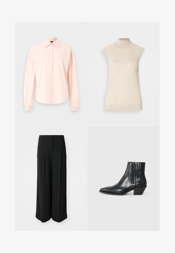 Long-sleeve, button-down shirt in light pink cotton. Features a classic collar, pleated shoulder detail, and rounded hem. Soft texture.; Beige high-neck sleeveless top, made of soft, textured fabric. Features raglan shoulders and a fitted silhouette. Suitable for layered outfits.; Black wide-leg trousers made of smooth fabric, featuring a high waistband and front pleats for a tailored fit.; Black leather ankle boot with pointed toe, elastic side panels with vertical grooves, and a low block heel. Smooth texture and sleek design.