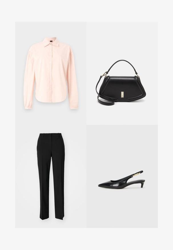 Long-sleeve, button-down shirt in light pink cotton. Features a classic collar, pleated shoulder detail, and rounded hem. Soft texture.; Black tailored trousers with a straight-leg design, featuring a smooth texture and crisp creases along the front. No visible hardware.; Black leather slingback heels with a pointed toe, featuring a slim heel and a gold-tone accent on the adjustable strap. Smooth texture.; Black leather handbag with a structured design, featuring a cropped shape, top handle, and gold hardware accent. Adjustable shoulder strap included.