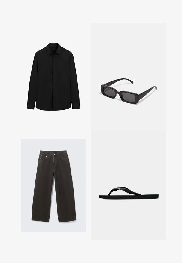 Camicia nera a maniche lunghe con bottoni, realizzata in tessuto liscio, presenta un colletto aperto, bottoni frontali e una vestibilità sagomata con maniche con polsini.; Jeans in denim nero a gamba larga presentano una vita alta, design a cinque tasche e chiusura con bottone. Il tessuto ha una finitura soffice e testurizzata.; Infradito in gomma nera con cinturino testurizzato e suola piatta semplice, mostrati di lato su uno sfondo chiaro e uniforme.; Occhiali da sole neri rettangolari con lenti scure, finitura lucida, aste larghe e design della montatura spessa. Nome del marchio inciso su un'asta.