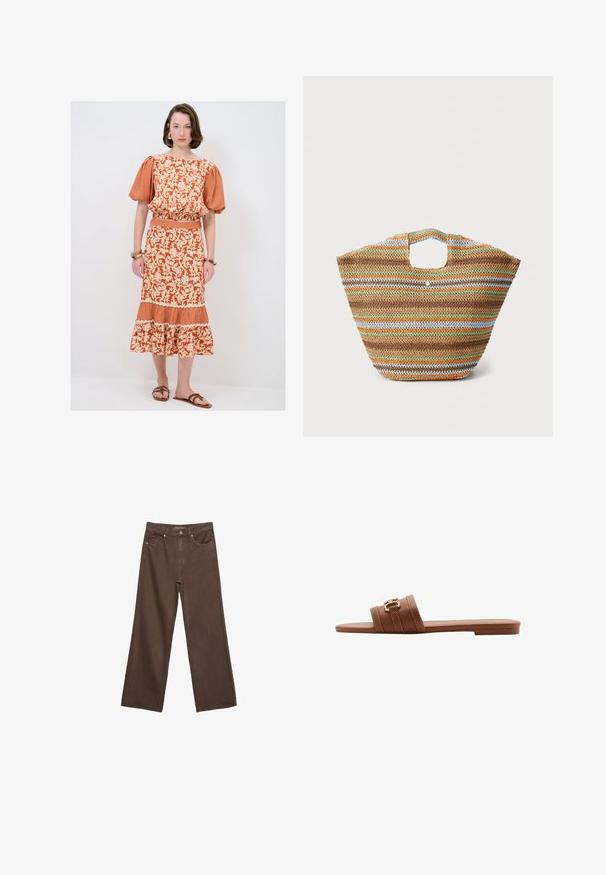 Orange Kleid mit floralem Muster, Puffärmel, elastischem Bund und gestuftem Saum. Kombiniert mit braunen Sandalen ohne Absatz, die ein Gingham-Muster zeigen.; Braunes Kurzarm-T-Shirt mit cremefarbener Kragen und Ärmeln. Verziert mit großen weißen Schriftzug "Sportmanufactur adidas Herzogenaurach."; Weite braune Jeans aus Denim, mit hoher Taille, Fronttaschen und klassischem Knopfverschluss. Glatte Textur mit feinen Nähten.; Braune Leder-Sandale mit zwei breiten Riemen, dekorativen Nähten und einem Akzent in Goldfarbe. Flache Sohle.; Gewebte Strohtasche mit mehrfarbigen Streifen in Braun, Grün, Orange und Blau. Verfügt über eine flache Form und zwei Handöffnungen. Leichtes Design.