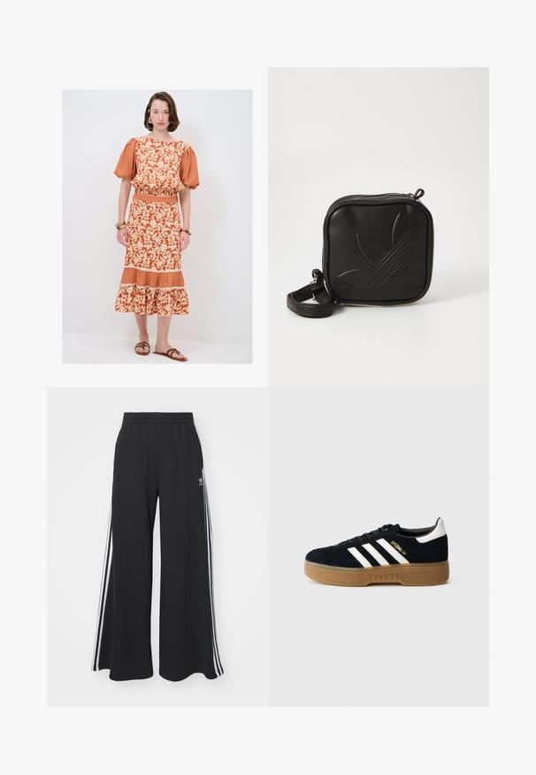 Robe à motifs floraux orange avec des manches bouffantes, taille élastiquée et ourlet à volants. Associée à des sandales plates brunes, mettant en valeur un accent en vichy.; Pantalons de survêtement larges noirs avec une taille élastique, présentant des rayures blanches sur les côtés et un logo brodé sur la cuisse gauche.; Baskets en daim noir avec trois bandes blanches et logo doré. Semelle en gomme avec adhérence texturée. Design classique à tige basse, bout arrondi.; Sac bandoulière noir en matériau synthétique texturé. Présente un design de logo en relief et une bandoulière réglable. Fermeture zippée.