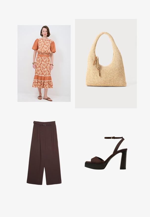 Oranget hanblomstermønstret kjole med puffærmer, elastisk talje og tieret kant. Parret med brune flade sandaler, der viser et gingham-akse.; Stradivarius WIDE-LEG WITH BUCKLE DETAIL - Bukser - dark brown; Brune ruskinds højhælede sandal med åben tå, justerbar ankelrem og en stribet plade sål.; Vævet beige håndtaske med et buet håndtag, struktureret overflade og en brun frynse detalje. Har en afslappet, hobo-form.