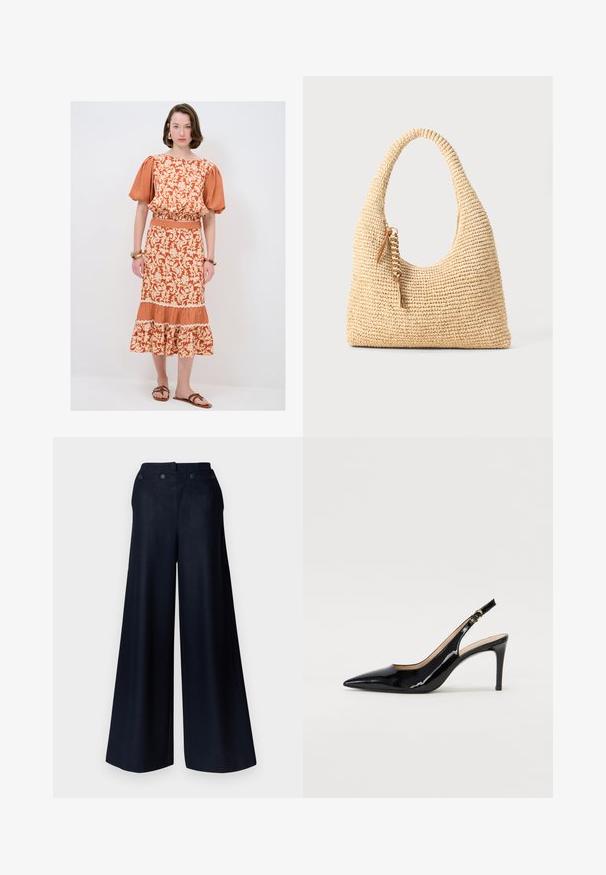 Orange floral-patterned dress with puff sleeves, elastic waist, and a tiered hem. Paired with brown flat sandals, showcasing a gingham accent.; Wide-leg trousers in dark navy fabric, featuring a high waist, two front pockets, and structured button closures for a tailored fit.; Black patent leather slingback pump with pointed toe, slim heel, and a subtle cutout design. Features a gold buckle on the strap.; Woven beige handbag with a curved handle, textured surface, and a brown tassel detail. Features a slouchy, hobo shape.