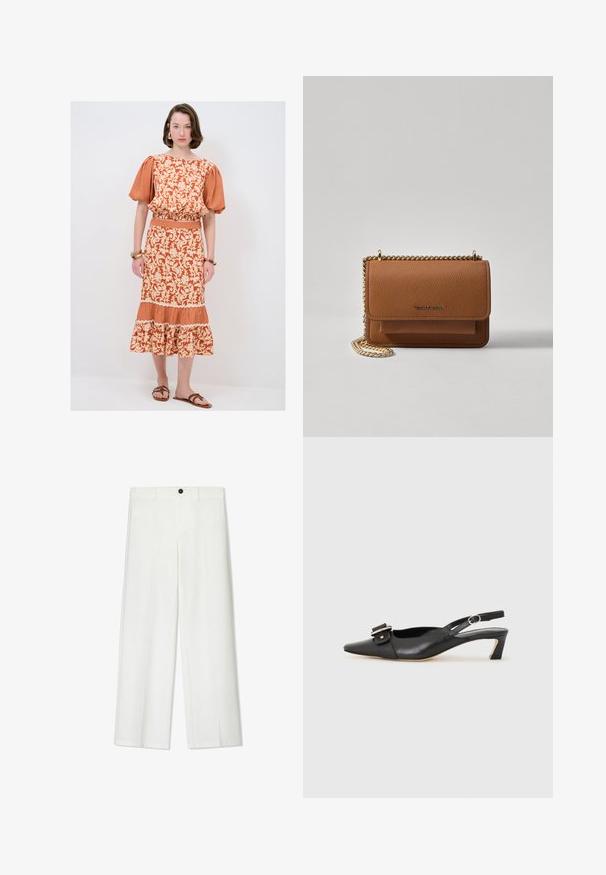 Orange Kleid mit floralem Muster, Puffärmel, elastischem Bund und gestuftem Saum. Kombiniert mit braunen Sandalen ohne Absatz, die ein Gingham-Muster zeigen.; Weiße, weite Hosen mit glatter Textur, ausgestattet mit einem vorderen Knopfverschluss und Gürtelschlaufen, gefertigt für eine lockere Passform.; Schwarzer Leder Slingback-Schuh mit spitzer Zehenform, kleinem Absatz und dekorativem Schnallen-Detail auf dem Obermaterial. Glatte Textur, minimalistisches Design.; Braune strukturierte Ledertasche mit goldener Kettenriemen und Klappenverschluss. Die Vorderseite zeigt ein Logo-Detail und eine Tasche unter der Klappe.
