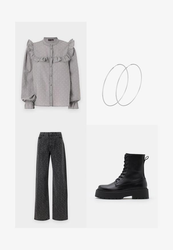 Črno-bela karo bluzica z naborki čez prsi, dolgi pufasti rokavi z elastičnimi manšeti in zapiranje na gumbe spredaj.; Noisy May NMJANNEL LOOSE - Široke kavbojke - black denim; Črne usnjene gležnjarje z okroglo konico, vezalnim sprednjim delom in debelim gumijastim podplatom z teksturiranim profilom. Zanka na hrbtni strani.; Srebrne uhane v obliki obroča z minimalističnim dizajnom. Krožna oblika, gladka tekstura in tanek profil. Lahki s poliranim zaključkom.