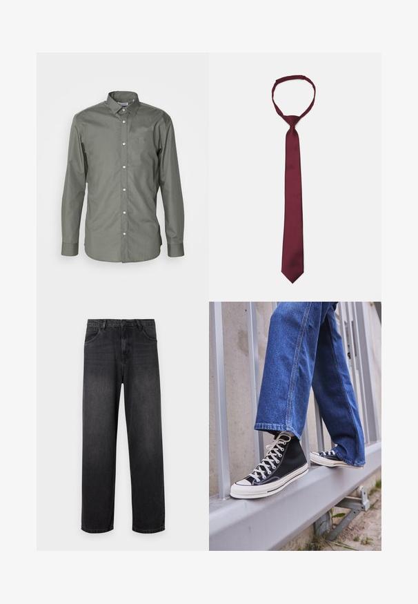 Moška srajca z dolgimi rokavi v olivno zeleni barvi, z gumbi na sprednji strani, razprostranjenim ovratnikom in zaokroženimi manšetami z rahlo teksturo.; Temno sivi denim jeans s pravim krojem, ki vključujejo zadrgo, pet žepov in subtilne podrobnosti bledenja na tkanini.; Črne visoke teniske z belim podplatom in vezalkami, v kombinaciji z ohlapnimi modrimi džinsom, naslonjene na sivo ograjo.; Burgundska satenasta kravata z gladko teksturo, ozka širina in koničast konec; ima zanko za enostavno nošenje.