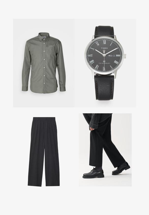 Camicia da uomo a maniche lunghe in tessuto verde oliva, con chiusura a bottoni, colletto alla francese e polsini arrotondati con una leggera texture.; Pantaloni a gamba larga realizzati in tessuto grigio scuro. Presentano pences in vita, un design sartoriale e una silhouette dritta.; Scarpe in pelle nera con punta arrotondata, design con lacci e suola spessa e texture. Indossate con pantaloni neri su misura e un maglione a coste.; Orologio con cinturino in pelle nera, cassa rotonda in argento, quadrante grigio, numeri romani bianchi e display della data per mercoledì.