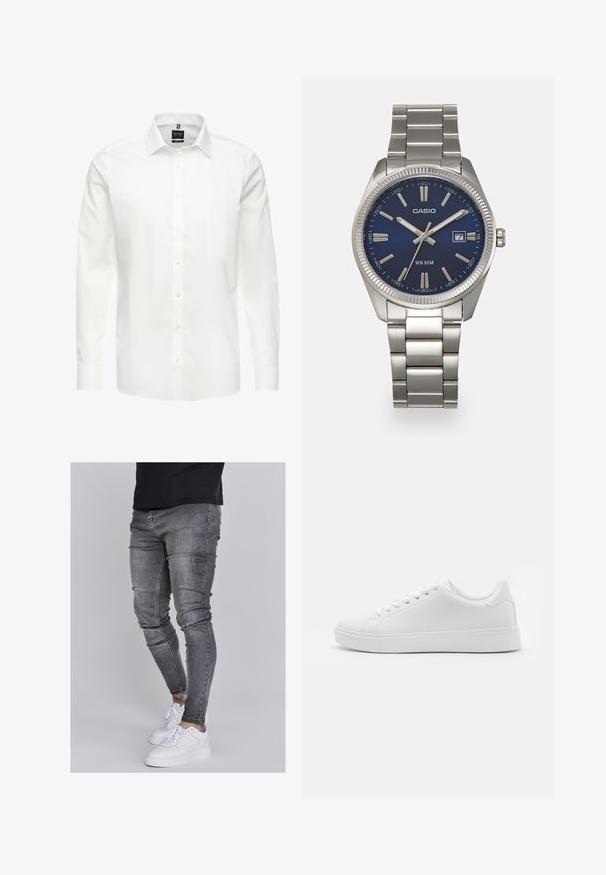 Balts garo piedurkņu krekls, ar pogām priekšpusē, klasiskā apkakle, gluda kokvilnas auduma, viegla, ar smalko dūrienu un bez rakstiem.; Tievās džinsās bālganā pelēkā denimā, kas izceļas ar nolietotām detaļām pie ceļgaliem, apvienotas ar baltām kedām. Gluda tekstūra, šaurs piegriezums.; Baltas sporta apavus ar gludu sintētisku virsu, noapaļota purngalu, sešiem caurumiem šņorēm un zemu profilu gumijas zoli ar teksturētu detalizāciju.; Sudraba nerūsējošā tērauda rokas pulkstenis ar tumši zilu ciparnīcu, metalizētiem stundu rādītājiem un datuma logu pie pulksten 3. Ūdensizturīgs līdz 50 metriem.