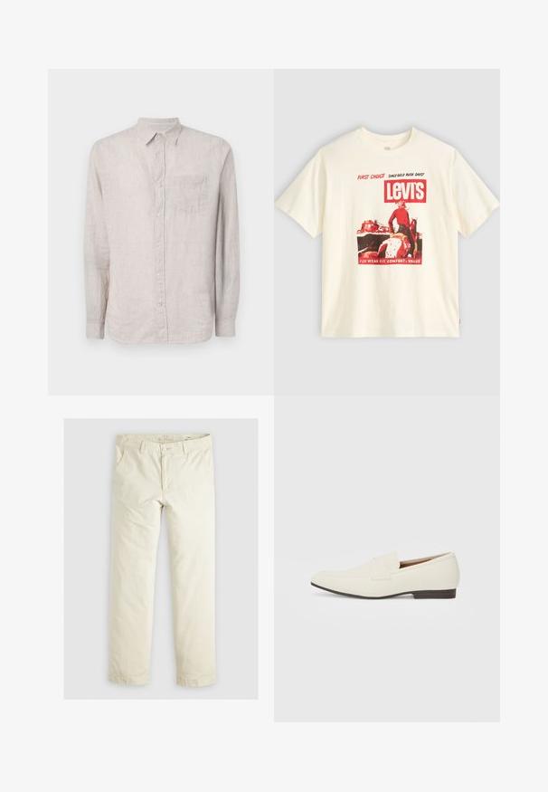 GAP STANDARD - Ing - tonal khaki; Krém színű pamut póló, piros grafikával, amelyen a "Levi's" logó és egy nyugati táj látható. Rövid ujjú, kerek nyakkal.; Világos bézs, laza szabású nadrág három zsebbel, övpántokkal és egyenes szárú kialakítással. Puha pamut keverék anyagból készült.; Világos bézs loaferek hegyes orral, sima anyagból, a lábfejen lévő pánttal és alacsony barna talppal. Egyszerű dizájn, minimális díszítéssel.