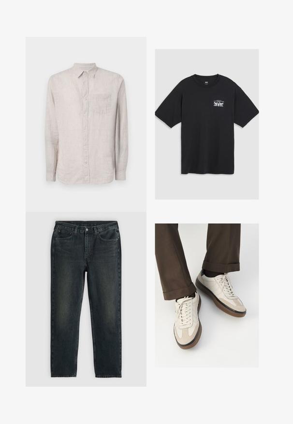 GAP STANDARD - Marškiniai - tonal khaki; Juodas medvilninis marškinėliai trumpomis rankovėmis, apvaliu kaklu, su maža balta grafika krūtinėje, vaizduojančia stilizuotą dizainą.; Juodos džinsinės kelnės su tiesia forma, penkių kišenių dizainu ir subtiliais blukimo akcentais. Su mygtuko ir užtrauktuko uždarymu.; Bežiniai sportbačiai su tekstūruotu zomšinės priekine dalimi, lygiomis odinėmis šoninėmis dalimis ir ruda guminėmis padais. Į komplektą įeina juostelės ir šviesūs siuvimo detalės.