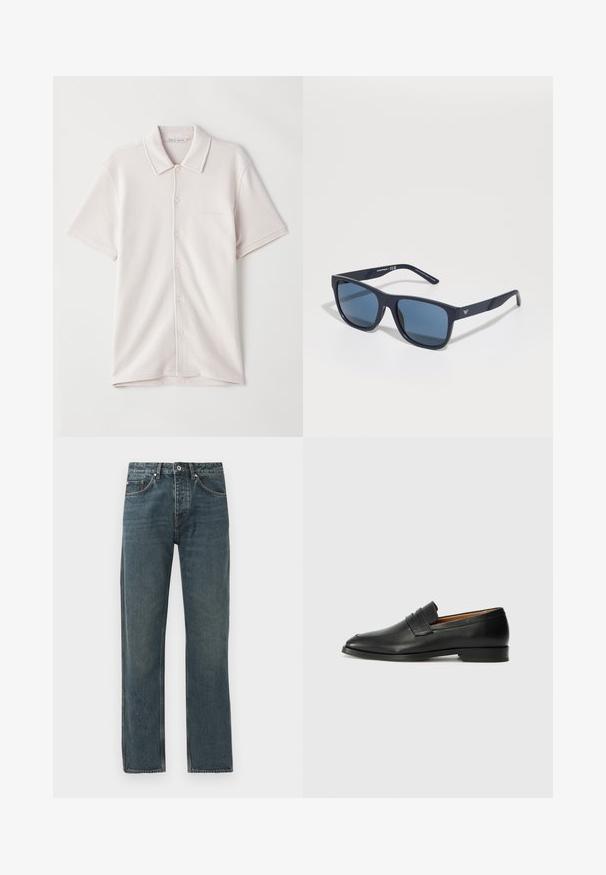 Poloko s krátkým rukávem, s knoflíky, v světle béžové barvě s jemnou texturou a štítkem "Tiger of Sweden" uvnitř límce.; Tmavě modré džíny z denimu se střihem do rovného nohavice, obsahující pět kapes, zapínání na knoflík a kontrastní švy.; Černé kožené mokasíny s kulatou špičkou, jemným prošíváním a nízkým podpatkem, s hladkým povrchem a minimalistickým designem.; Modré obdélníkové sluneční brýle s tmavými skly, matně námořnický rám, detail loga na spánkové části, rovné nožičky a hladký, solidní povrch.