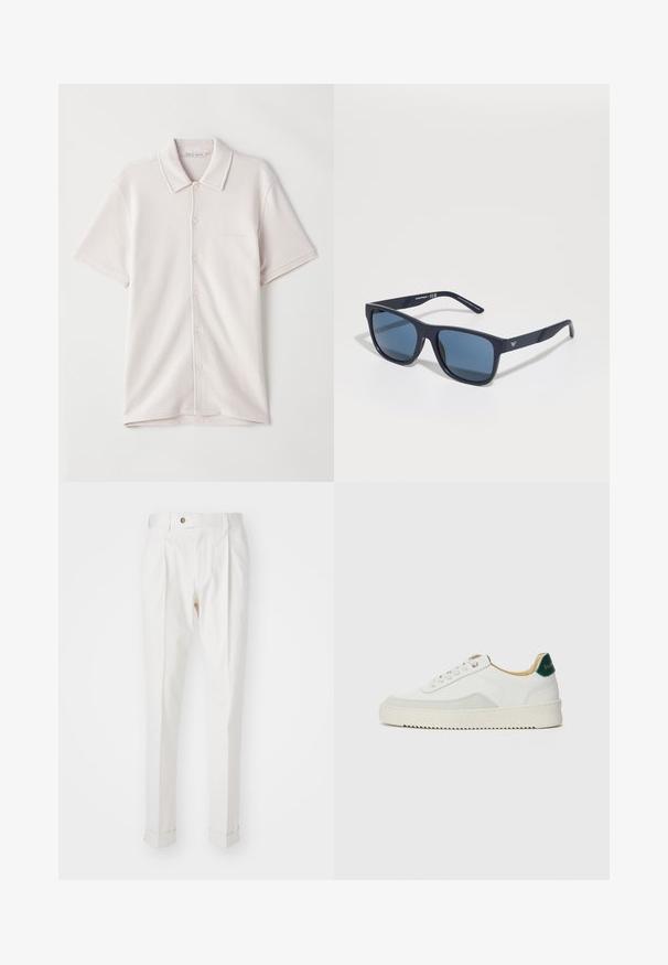 Korte ermer, knappet polo skjorte i lys beige med subtil tekstur og "Tiger of Sweden"-merke innvendig i kragen.; Hvite, skreddersydde bukser med flat front, to legg, og oppbrett. Laget av et glatt stoff med knappelukking i livet.; Hvit sneakers med semsket detaljer, rund tå, flate snøringer og en kremfarget gummisåle. Har grønn merking på hælen.; Blå rektangulære solbriller med mørke linser, matt marineblå ramme, logo-detajler på stengene, rette armer og en solid, glatt tekstur.