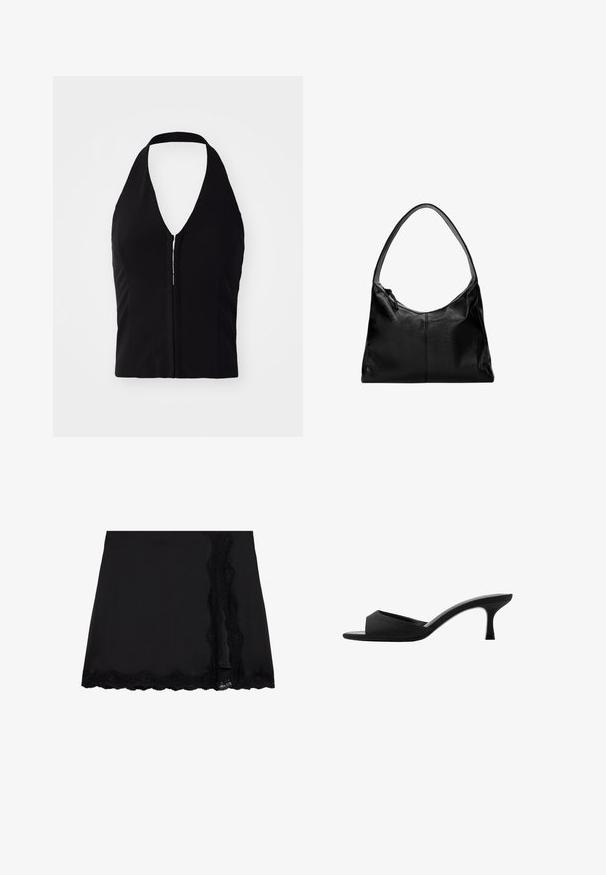 Černý top na krk s hlubokým véčkovým výstřihem, strukturovaným tvarem a předním zipem. Hladká látka bez viditelných vzorů nebo textur.; Even&Odd Minisukně - black; Černé lodičky na vysokém podpatku s širokým, otevřeným špičkou a zakřiveným svrškem. Vyrobené z texturované látky, mají štíhlý podpatek a hladkou podrážku.; Černá kožená kabelka na rameno s hladkým povrchem, zakřiveným vrškem a jedním popruhem. Disponuje zipovým zavíráním a minimalistickým designem.