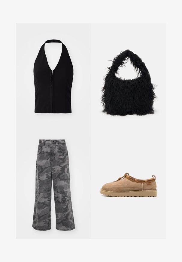 Crna halterica s dubokim V-izrezom, strukturnog oblika i detaljem prednjeg zatvarača. Glatka tkanina bez vidljivih uzoraka ili tekstura.; Široke traperice s kamuflažnim uzorkom u nijansama sive, izrađene od denima, s dva bočna džepa i visokim strukom. Teksturalna tkanina s printanim uzorkom.; Svijetlosmeđi zamširni mokasini s zaobljenim nožnim prstom, s dekorativnim šavovima, kožnim detaljima i gumiranim potplatom.; Even&Odd Velika torba - black