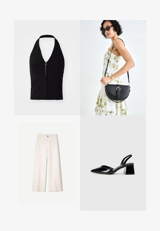 Top halter nero con scollatura a V profonda, forma strutturata e dettaglio con zip frontale. Tessuto liscio senza motivi o texture visibili.; Pantaloni larghi color crema con design sartoriale, dotati di due tasche frontali e una chiusura con bottone anteriore, realizzati in tessuto liscio.; Décolleté in vernice nera con punta affusolata e tacco in geometria cubica. Presentano un design elegante e minimalista, con una texture liscia.; Borsa a tracolla nera in pelle con una forma curva, manico rimovibile e accessori dorati. La borsa presenta una patta con un dettaglio a fibbia.