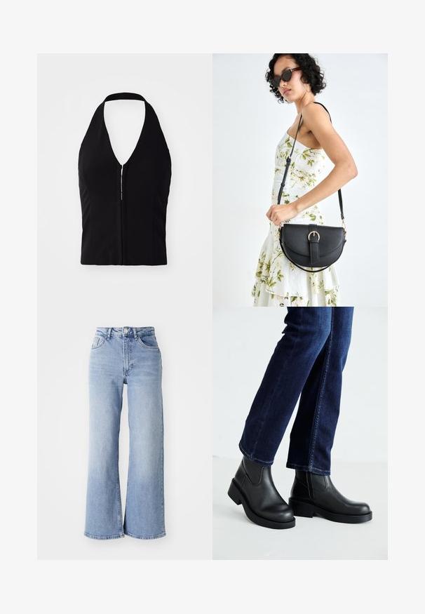 Black halter top with a deep V-neck, structured shape, and front zipper detail. Smooth fabric with no visible patterns or textures.; Light blue high-waist wide-leg jeans with front and back pockets, button closure, and subtle fading on the thighs and hems.; Black leather ankle boots with a chunky sole and side elastic panels, paired with dark blue jeans. The ground is light-colored.; Black leather handbag with a curved shape, detachable strap, and gold hardware. The bag features a flap with a buckle detail.