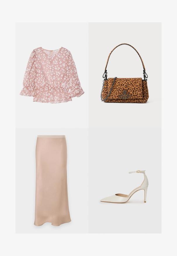 Pink sheer blouse with white floral patterns, round neckline, puff sleeves, and a gathered waist, featuring a back zip closure.; Satin midi skirt in light beige with a smooth texture. Features a fitted waistband and a subtle A-line shape, flaring gently at the hem.; White leather high-heeled shoe with a pointed toe, ankle strap, and a slim stiletto heel. Smooth texture with subtle glossy finish.; Leopard print handbag made of suede with a short handle, a chain strap, and a black hardware clasp. Rectangular shape with a flap closure.
