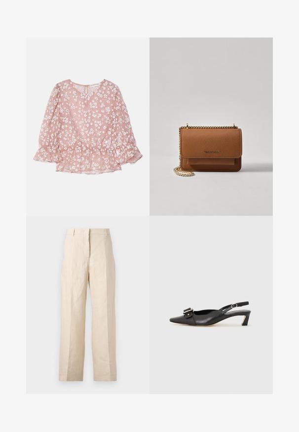 Rožinė skaidri palaidinė su baltais gėlių raštais, apvaliu iškirpimu, pūstomis rankovėmis ir smulkintu liemeniu, su užtrauktuku gale.; Bežinės lininės kelnės su laisvu kirpimu, preguldyta priekyje ir tiesiomis kojomis. Savybės: juosmuo su diržo kilpomis ir be matomų kišenių.; Juodas odinis slingback batelis su smailiu nosiu, maža pakulne ir dekoratyvine sagtimi viršuje. Lygus paviršius, minimalistas dizainas.; Ruda tekstūruota odinė per petį nešama rankinė su auksiniu grandininiu dirželiu ir užlenkiamo užsegimo. Priekinėje pusėje yra logotipo detalė ir kišenė po užlenkimu.