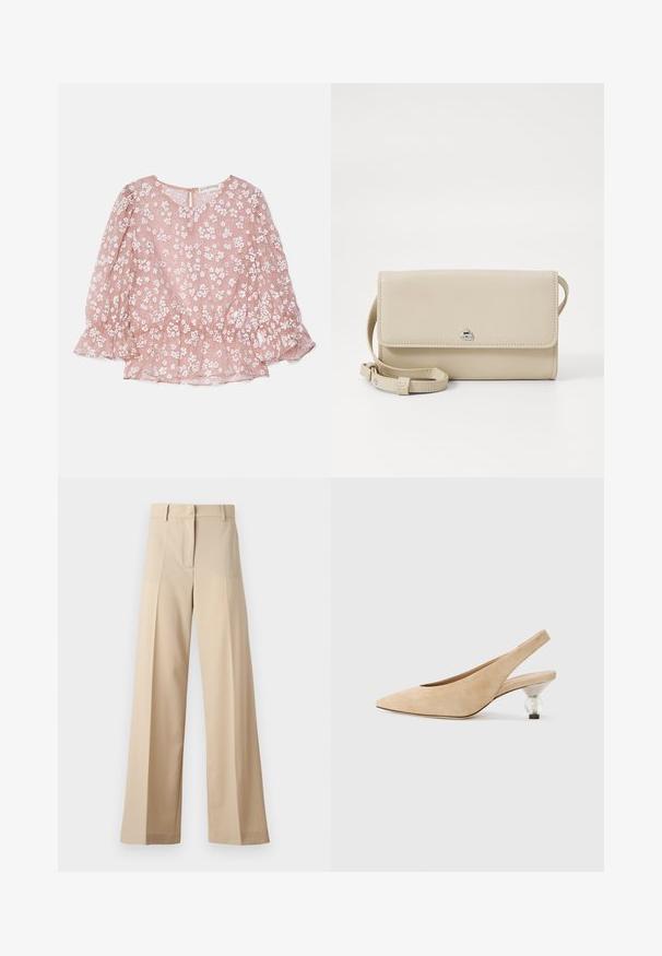 Blusa rosa traslucida con motivi floreali bianchi, scollatura rotonda, maniche a palloncino e vita arricciata, con chiusura zip sul retro.; Pantaloni beige a gamba larga realizzati in tessuto morbido, con fronte piatto e pieghe, zip e passanti per cintura. Vestibilità sartoriale complessiva.; Scarpa slingback in suede beige con punta appuntita e tacco trasparente e arrotondato. Texture liscia e design minimalista.; Borsa a spalla in pelle beige con chiusura a patta, hardware in argento e tracolla removibile. Texture liscia e forma rettangolare semplice.