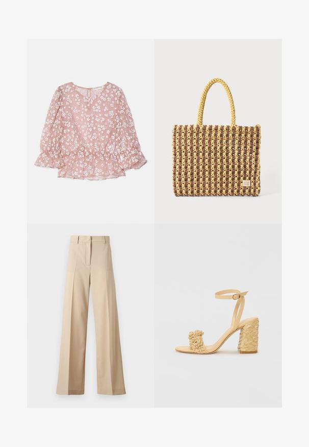 Pink sheer blouse with white floral patterns, round neckline, puff sleeves, and a gathered waist, featuring a back zip closure.; Beige wide-leg trousers made of smooth fabric, featuring a flat front with pleats, a zip fly, and belt loops. Tailored fit overall.; Beige high-heeled sandal with a braided texture, featuring a decorative flower and ankle strap. Square-shaped heel adds stability.; Woven bag in brown and yellow, featuring a rectangular shape, two handle straps, and a textured finish with visible stitching and a brand tag.