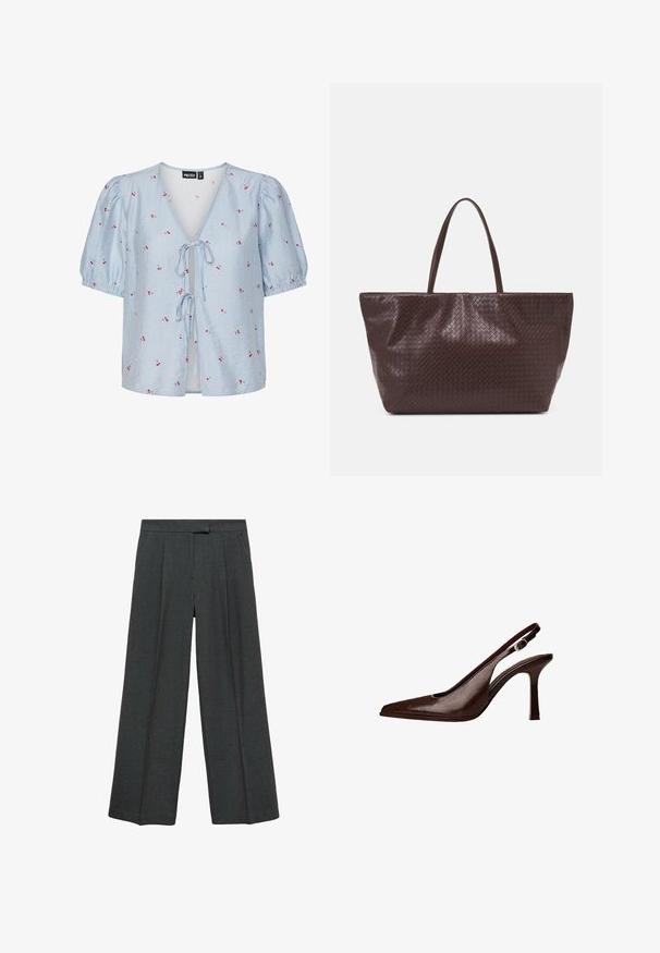 Blusa a righe blu e bianche con maniche a palloncino corte, scollatura a V profonda, chiusura a cravatta sul davanti e dettagli floreali rossi.; Pantaloni a gamba larga grigio scuro con pieghe sul davanti, realizzati in un tessuto testurizzato, dotati di una vita piatta senza chiusure visibili.; Scarpa pump slingback in pelle marrone con punta affusolata e tacco sottile. Presenta una piccola fibbia decorativa sulla cinghia e una finitura lucida.; Borsa tote in pelle intrecciata marrone con due manici, dalla forma strutturata e superficie texturizzata, caratterizzata da un motivo a diamante in tutto il suo corpo.; Collana in corda di satin marrone con perline rosse, caratterizzata da una pietra rossa irregolare e una perlina scura, fissata con hardware color oro e un gancio regolabile.