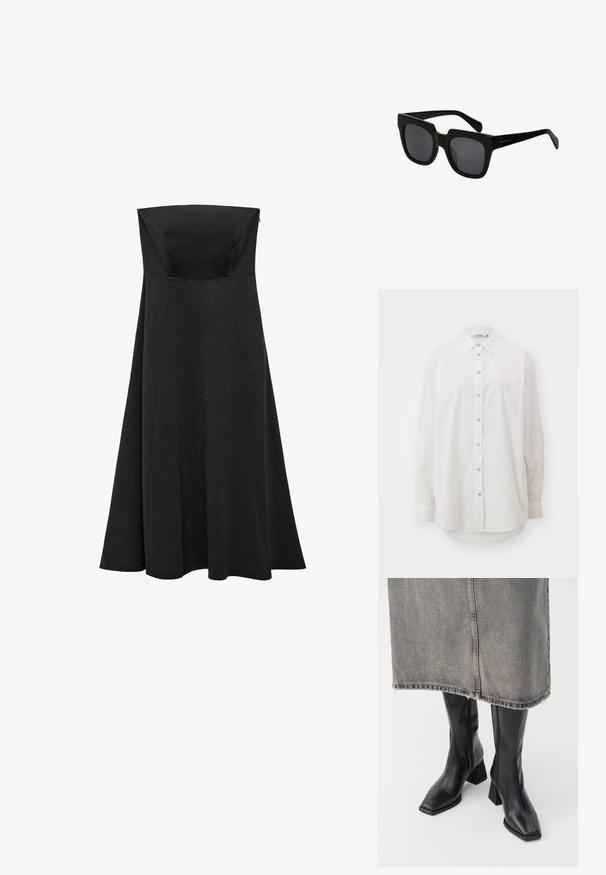 White button-up shirt made of cotton. Features a classic collar, long sleeves, and a curved hem. Has standard button closure in front.; Black strapless dress with a fitted bodice and flared, floor-length skirt. Made from smooth fabric with no visible patterns or accents.; Black knee-high boots in smooth leather with a squared toe and block heel. Worn with a gray denim skirt with a frayed hem.; Black rectangular sunglasses with thick plastic frames and dark lenses. The arms are sleek with a glossy finish and minimal branding.