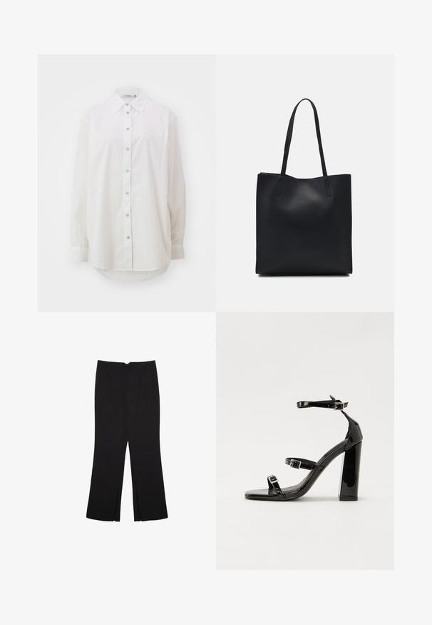 Bela srajca z gumbi iz bombaža. Ima klasičen ovratnik, dolge rokave in ukrivljen rob. Ima standardno zapiranje z gumbi spredaj.; Črne hlače ravnega kroja z naglavnimi žepi in stranskimi razporki na robu. Narejene iz mehke, gladke tkanine. Primerne za različne priložnosti.; Črne lakirane sandale s peto, kvadratnim prstom, trakovi okrog gležnja in srebrnimi zaponkami. Opremljene so s stabilno Debelo peto.; Črna usnjena torba s svilnato teksturo, pravokotne oblike in dvema dolgima ročajema. Brez vidnih metalnih delov ali okrasnih elementov.