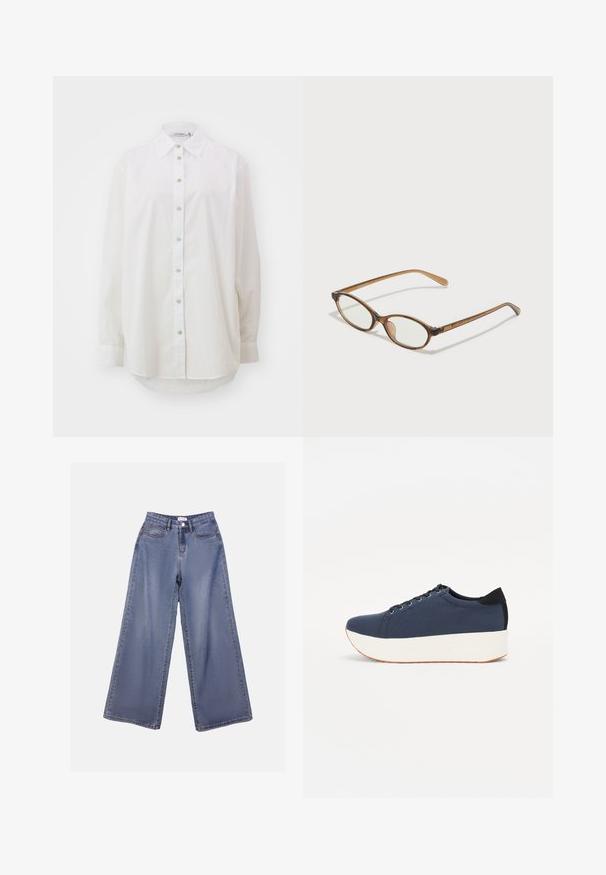 Witte button-up blouse gemaakt van katoen. Kenmerkt zich door een klassieke kraag, lange mouwen en een gebogenzoom. Heeft een standaard knoopsluiting aan de voorkant.; Lichte blauwe wijdlopende denim jeans met een hoge taille, voorzakken en een knoopsluiting met riemlussen.; Marineblauwe sneaker met een textuurstof bovenwerk, witte platformzool, ronde neus en zwart hakaccent. Voorzien van zes gaatjes voor veters.; Bruine schildpadbril met ovale lenzen, dunne armen en transparante accenten. Heeft een subtiele logo op de tempel. Strak, lichtgewicht ontwerp.