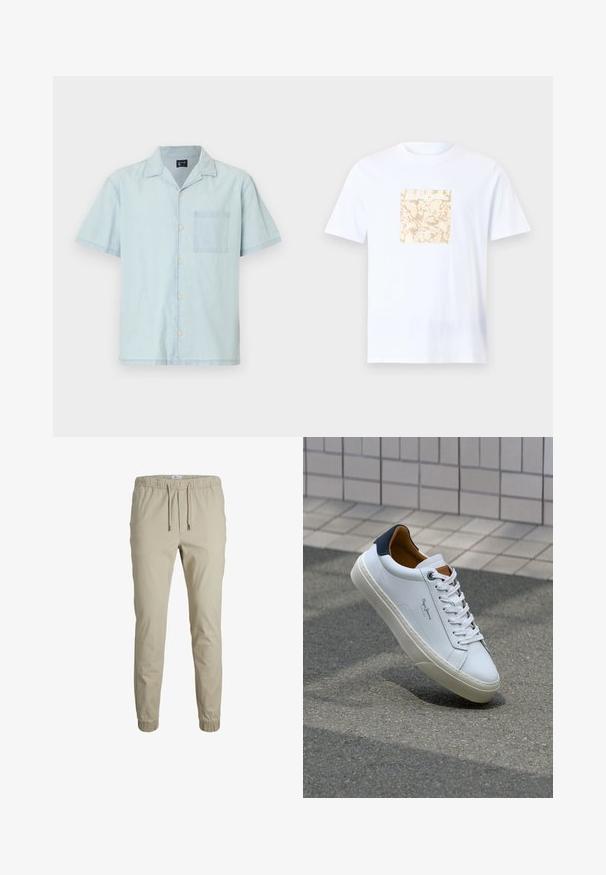 Vaaleansininen lyhythihainen paita kevyestä kankaasta, jossa on klassinen kaulus, etupainikkeet ja vasemmalla rinnalla tasku.; Valkoinen puuvillapaita, jossa on keskellä neliön muotoinen beige graafinen kuvio, jossa on tekstuuri. Lyhyet hihat ja pyöreä pääntie.; Harmaat tapered-housut, joissa on joustava vyötärö, kiristysnauha ja nilkkavarren resorit, valmistettu pehmeästä kankaasta. Omaavat sileän pinnan ja minimalistisen muotoilun.; Valkoinen nahkakenkä, jossa on tummansininen kantapää, pyöreä kärki ja ristikkäiset ruskeat korostukset. Varustettu tasapaksuilla nauhoilla ja teksturoidulla kumipohjalla.