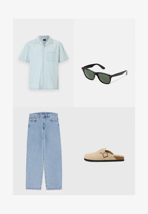 Helles blaues kurzärmliges Hemd aus leichtem Stoff, mit einem klassischen Kragen, Knöpfen vorne und einer linken Brusttasche.; Weißes Baumwoll-Trägershirt mit Rundhalsausschnitt, breiten Trägern und geradem Saum, das eine glatte Textur aufweist und keine sichtbaren Muster hat.; Hellblaue Jeans aus Denim mit geradem Bein, ausgestattet mit einer mittelhohen Taille, fünf Taschen sowie einem Knopf- und Reißverschluss.; Beige Wildleder-Slipper mit einem Korkfußbett, runder Zehenpartie und einem einfachen Riemen mit einer goldfarbigen Schnalle. Gummi-Sohle für besseren Halt.; Schwarze Plastiksonnenbrille mit grünen Gläsern, quadratischen Rahmen, silbernem Akzent auf der Augenbraue und strukturierten Bügeln. Angegebene Marke auf dem inneren Bügel.; Braune Leder-Umhängetasche mit einer flachen Vorderklappe, zwei Riemen, goldenen Hardware-Akzenten und einem verstellbaren Schultergurt.