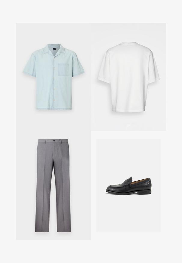 Lyseblå kortermet skjorte i lett stoff, med klassisk krage, frontknapper og lomme på venstre bryst.; Hvit t-skjorte med korte ermer, løs passform, rund hals, glatt bomullsstoff, udekorerte bak, rett nederkant, ingen mønstre eller detaljer.; Grå skreddersydde bukser med flat front, to sidelommer og en enkel knappelukking. Glatt tekstur med et subtilt stripe-mønster.; Sorte lær loafers med en glat overflade, rund tå og dekorativ syning på forfoden. Lav stablet hæl og let glans.