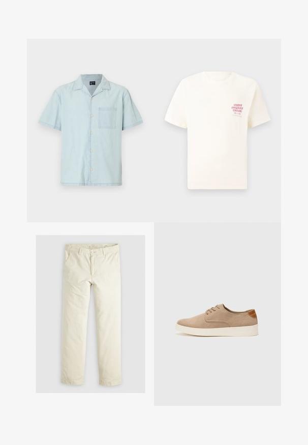 Lichtblauwe korte mouw shirt van lichte stof, met een klassieke kraag, knopen aan de voorkant en een borstzak aan de linkerzijde.; Witte T-shirt met korte mouwen met rode tekst "Studio Originals Edition" op de linker borst, weergegeven op een neutrale grijze achtergrond.; Lichtbeige losse broek met drie zakken, riemlussen en een recht model. Gemaakt van een zachte katoenmix.; Beige suède sneakers met een ronde neus, vetersluiting aan de voorkant en een getextureerde achteraccent. De witte rubberen zool zorgt voor contrast. Eenvoudig en modern ontwerp.